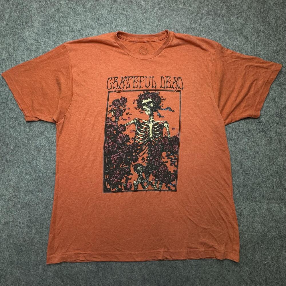 Grateful Dead Shirt Mens XL Orange Skeleton Roses Psychedelic Graphic Tee Music